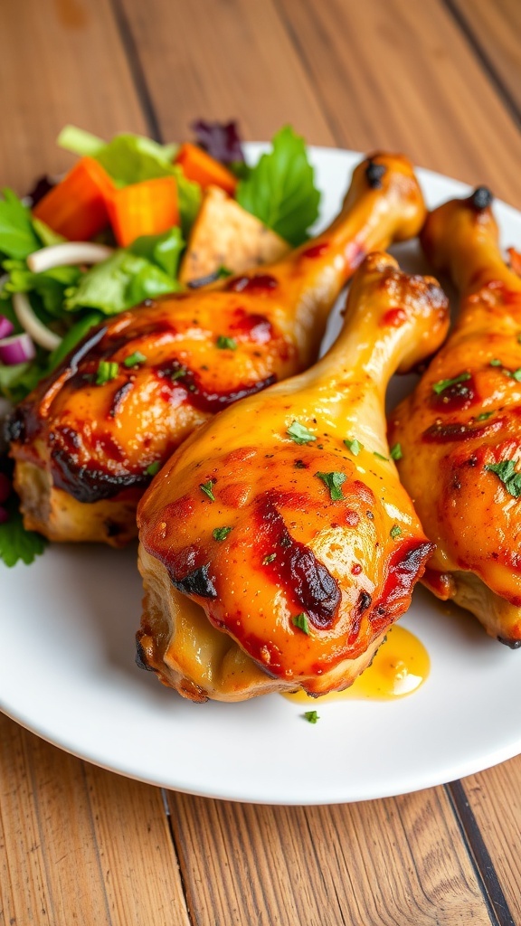 Baked chicken drumsticks on a plate with herbs, served with salad and roasted vegetables.